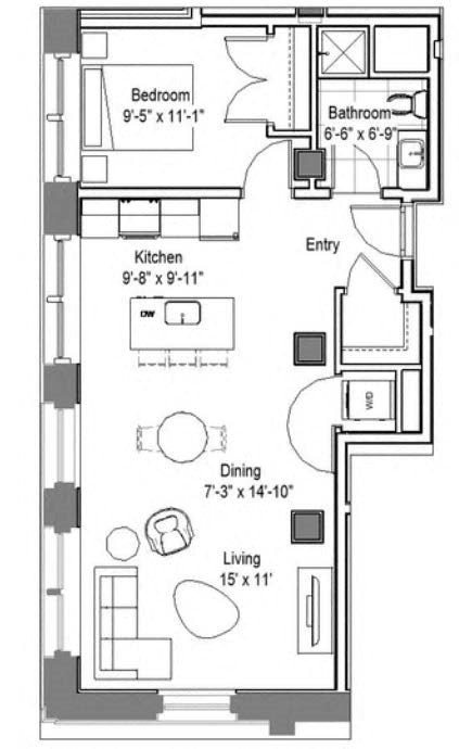 Floor plan for 1 bed, 1 bath, 743 sqft